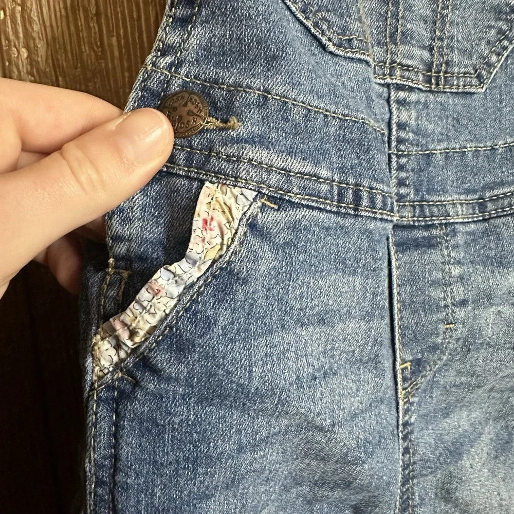 OshKosh B'gosh Denim Bib Overall Girls 12M Blue With Floral Leg Cuffs And Trim